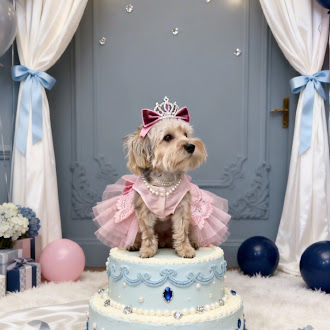 Birthday dog wearing a crown and a pink outfit at 4 Paws