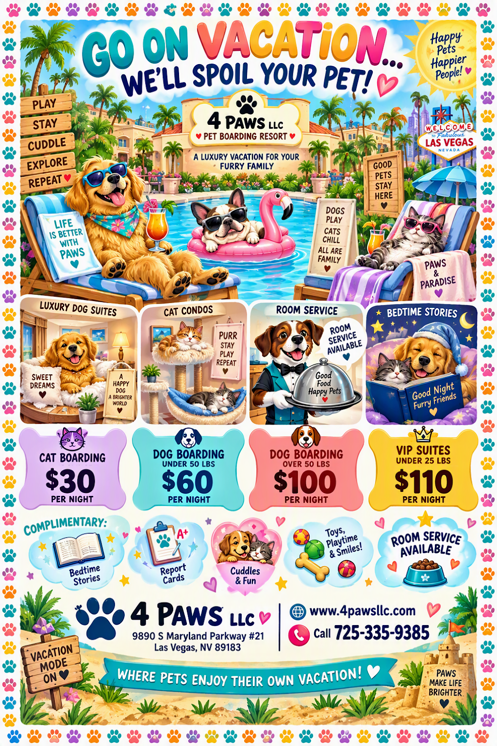 4 Paws pet boarding and care promotional graphic